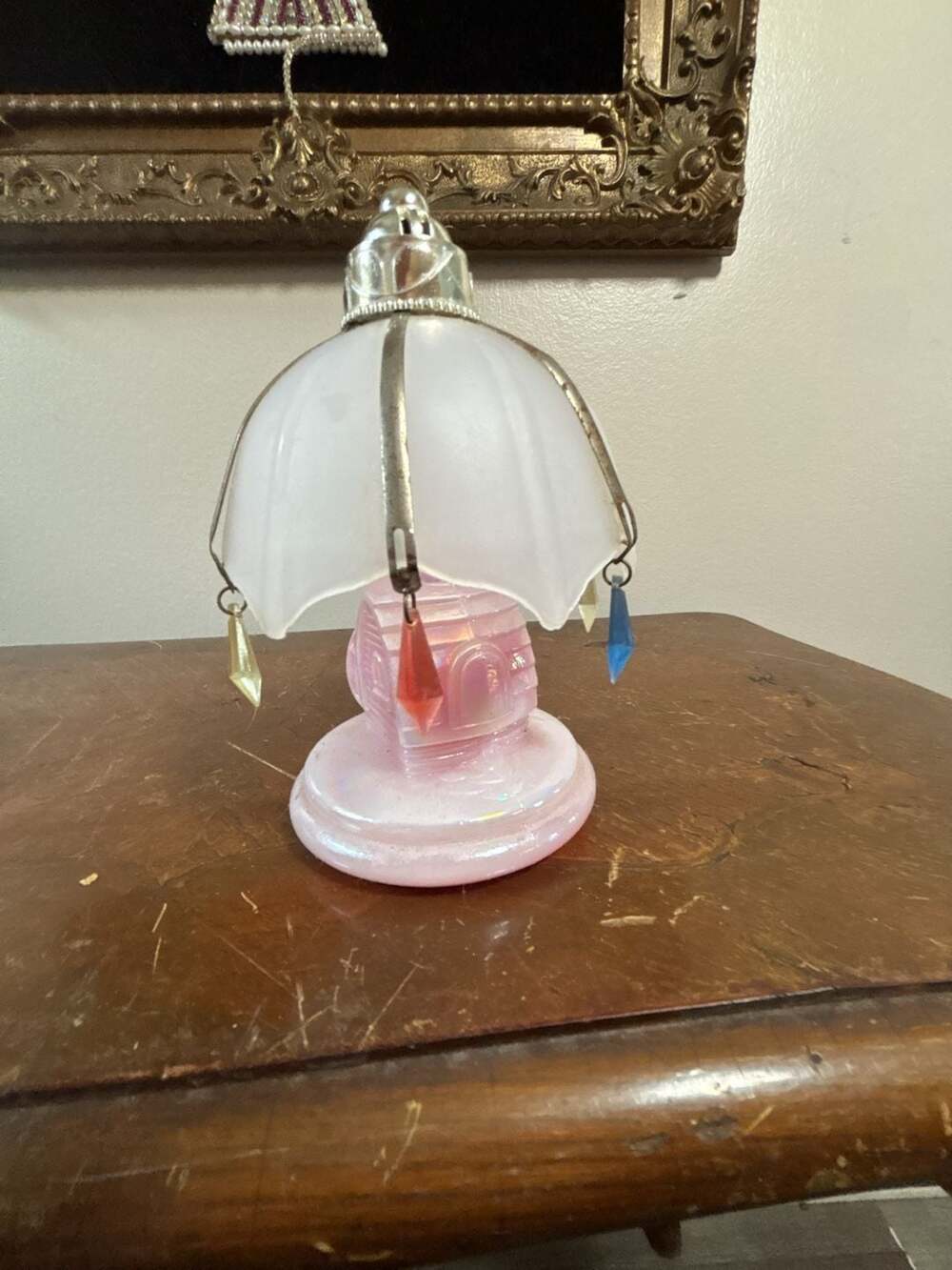 Vintage Pink Iridescent Milk Glass Water Mill Scent Lamp with Shade